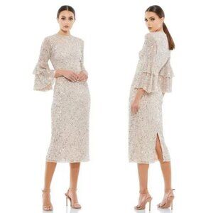 Mac Duggal Nude Silver Sequined Ruffle Tiered 3/4 Sleeve Midi Dress